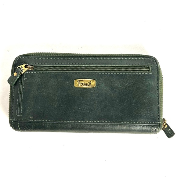 Fossil Wallet Full Zip Forest Green Leather - Picture 1 of 13